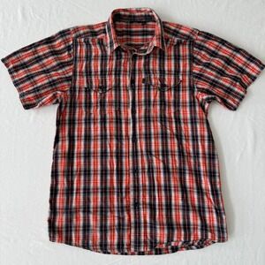 Kavu Short Sleeve Button Up Shirt Mens Medium Orange Black Flap Pockets Outdoors